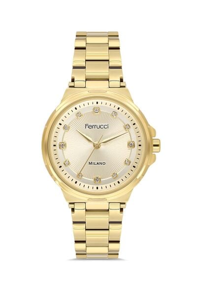 Ferrucci Lüks Görünümlü Altın Kadın Kol Saati | 34 mm Çelik Kordon, Taş Detaylı Kadran