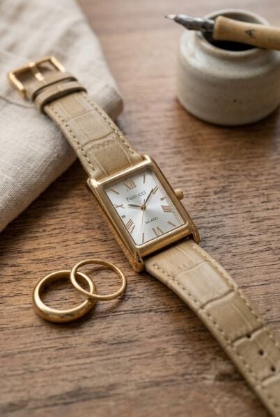 Ferrucci Vintage Zarif Kadın Kol Saati | 26 mm Çelik Kasa, Krem Deri Kordon