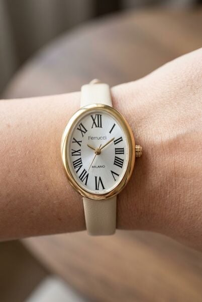 Ferrucci Minimal Zarif Kadın Kol Saati | 22 mm Çelik Kasa, Krem Deri Kordon