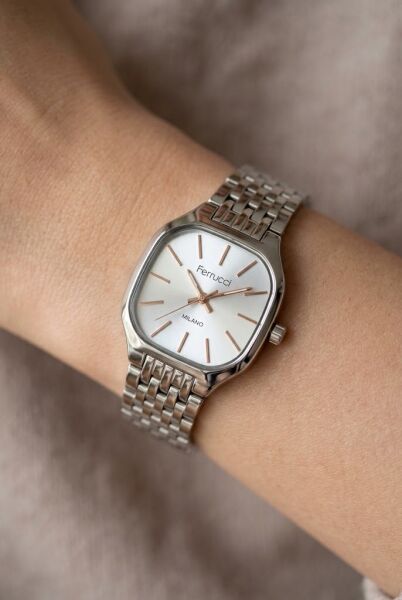 Ferrucci Minimal Şık Kadın Kol Saati | 23 mm Çelik Kordon, Gümüş Kadran