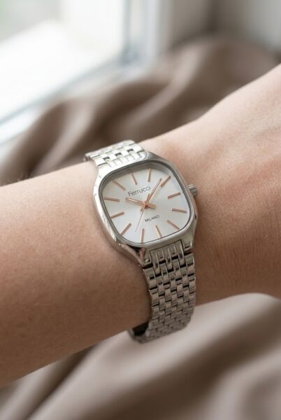 Ferrucci Minimal Şık Kadın Kol Saati | 23 mm Çelik Kordon, Gümüş Kadran