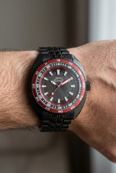 Slazenger Sportif Siyah Erkek Kol Saati | 44 mm Paslanmaz Çelik Kordon, Kırmızı Detaylı
