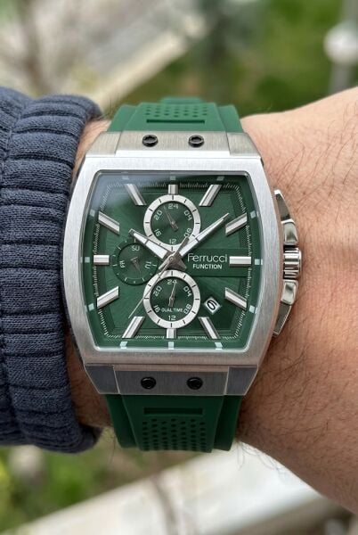 Ferrucci Sportif ve Modern Yeşil Erkek Kol Saati | 42 mm Çelik Kasa, Yeşil Silikon Kordon