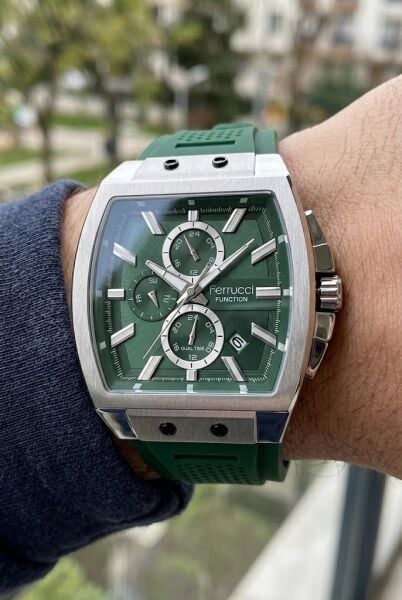 Ferrucci Sportif ve Modern Yeşil Erkek Kol Saati | 42 mm Çelik Kasa, Yeşil Silikon Kordon