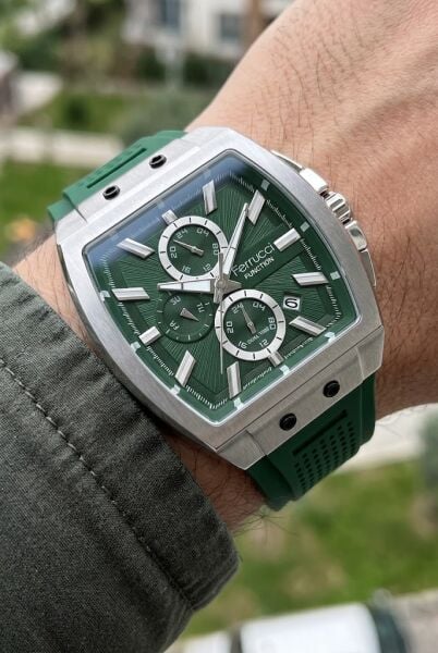 Ferrucci Sportif ve Modern Yeşil Erkek Kol Saati | 42 mm Çelik Kasa, Yeşil Silikon Kordon