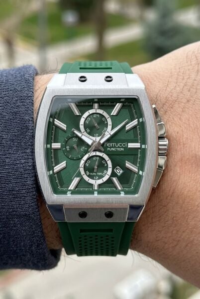 Ferrucci Sportif ve Modern Yeşil Erkek Kol Saati | 42 mm Çelik Kasa, Yeşil Silikon Kordon