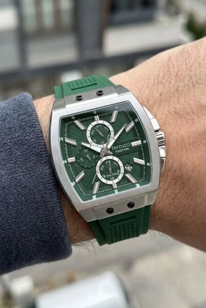 Ferrucci Sportif ve Modern Yeşil Erkek Kol Saati | 42 mm Çelik Kasa, Yeşil Silikon Kordon