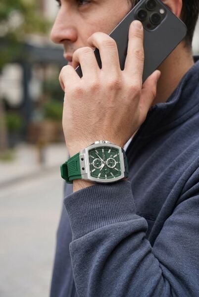 Ferrucci Sportif ve Modern Yeşil Erkek Kol Saati | 42 mm Çelik Kasa, Yeşil Silikon Kordon