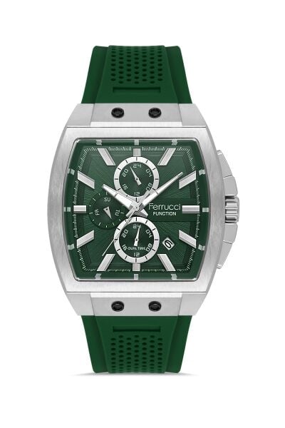 Ferrucci Sportif ve Modern Yeşil Erkek Kol Saati | 42 mm Çelik Kasa, Yeşil Silikon Kordon