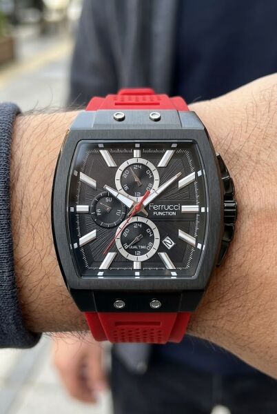 Ferrucci Sportif ve Modern Erkek Kol Saati | 42 mm Siyah Çelik Kasa, Kırmızı Silikon Kordon