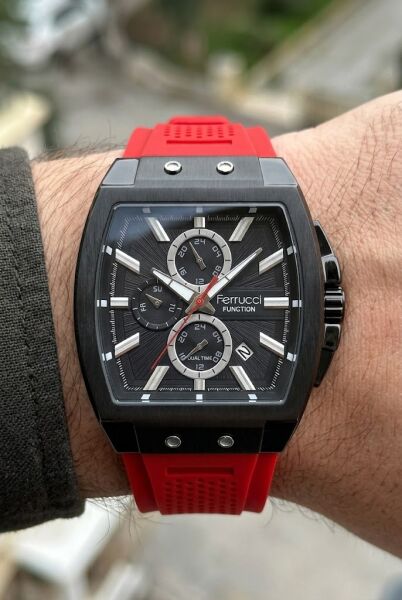 Ferrucci Sportif ve Modern Erkek Kol Saati | 42 mm Siyah Çelik Kasa, Kırmızı Silikon Kordon