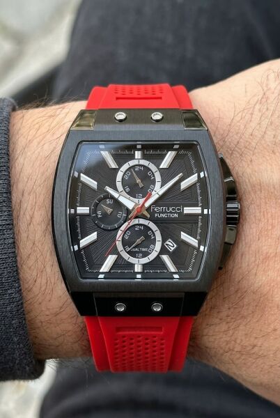 Ferrucci Sportif ve Modern Erkek Kol Saati | 42 mm Siyah Çelik Kasa, Kırmızı Silikon Kordon