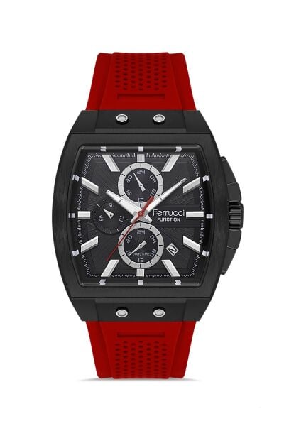 Ferrucci Sportif ve Modern Erkek Kol Saati | 42 mm Siyah Çelik Kasa, Kırmızı Silikon Kordon