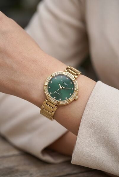 Ferrucci Lüks Görünümlü Altın Kadın Kol Saati | 33 mm Çelik Kordon, Taş Detaylı Yeşil Kadran