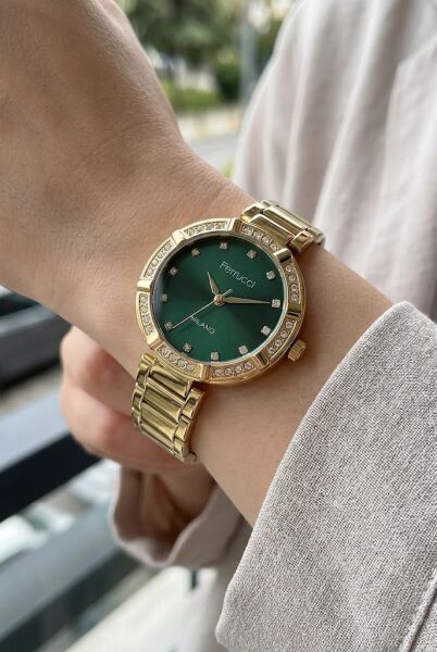 Ferrucci Lüks Görünümlü Altın Kadın Kol Saati | 33 mm Çelik Kordon, Taş Detaylı Yeşil Kadran