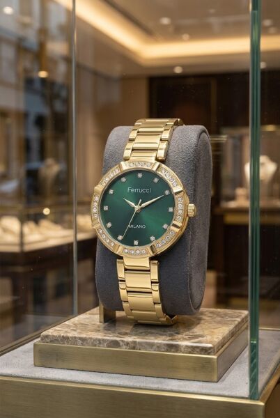 Ferrucci Lüks Görünümlü Altın Kadın Kol Saati | 33 mm Çelik Kordon, Taş Detaylı Yeşil Kadran