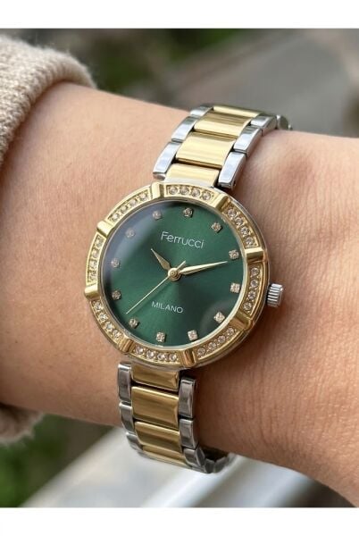 Ferrucci Lüks Görünümlü Kadın Kol Saati | 33 mm Çelik Kordon, Taş Detaylı Yeşil Kadran