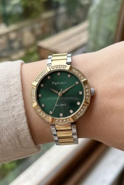 Ferrucci Lüks Görünümlü Kadın Kol Saati | 33 mm Çelik Kordon, Taş Detaylı Yeşil Kadran