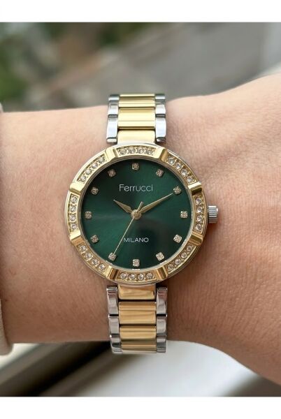 Ferrucci Lüks Görünümlü Kadın Kol Saati | 33 mm Çelik Kordon, Taş Detaylı Yeşil Kadran