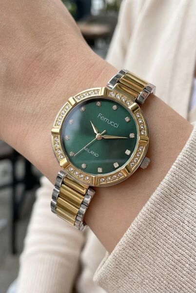 Ferrucci Lüks Görünümlü Kadın Kol Saati | 33 mm Çelik Kordon, Taş Detaylı Yeşil Kadran