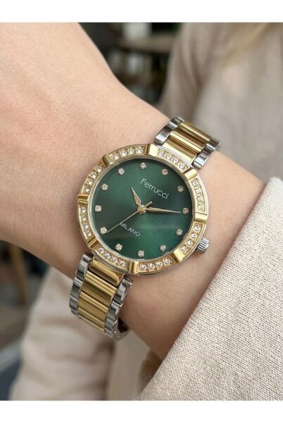 Ferrucci Lüks Görünümlü Kadın Kol Saati | 33 mm Çelik Kordon, Taş Detaylı Yeşil Kadran