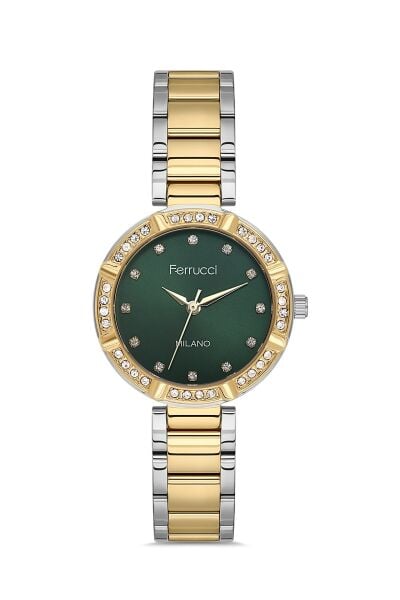 Ferrucci Lüks Görünümlü Kadın Kol Saati | 33 mm Çelik Kordon, Taş Detaylı Yeşil Kadran