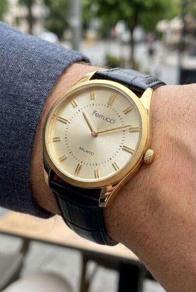Ferrucci Vintage Klasik Erkek Kol Saati | 38 mm Altın Çelik Kasa, Siyah Deri Kordon
