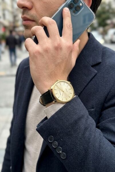 Ferrucci Vintage Klasik Erkek Kol Saati | 38 mm Altın Çelik Kasa, Siyah Deri Kordon