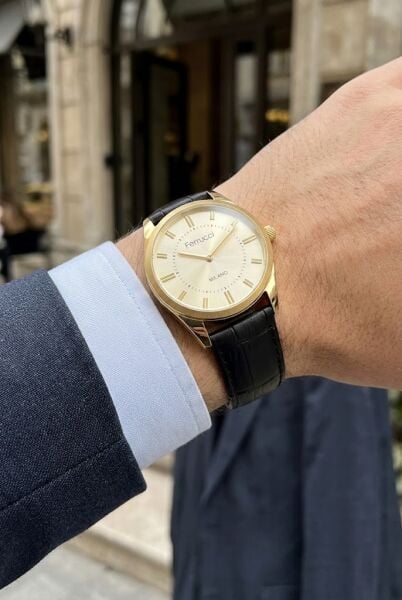 Ferrucci Vintage Klasik Erkek Kol Saati | 38 mm Altın Çelik Kasa, Siyah Deri Kordon
