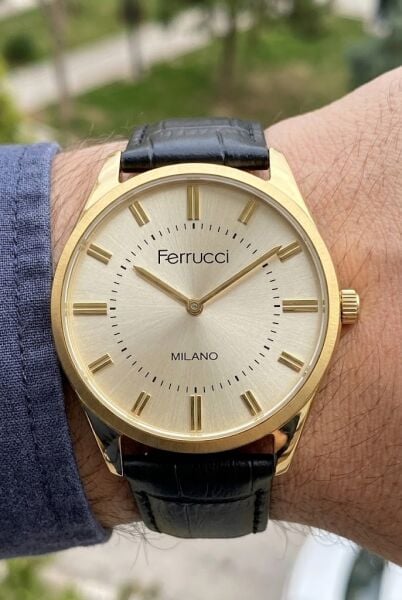 Ferrucci Vintage Klasik Erkek Kol Saati | 38 mm Altın Çelik Kasa, Siyah Deri Kordon