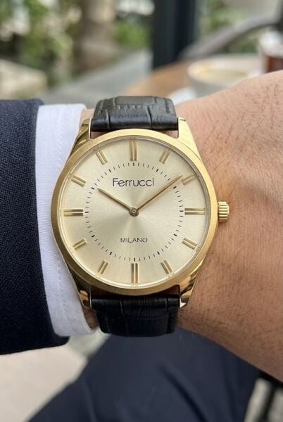Ferrucci Vintage Klasik Erkek Kol Saati | 38 mm Altın Çelik Kasa, Siyah Deri Kordon