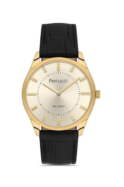 Ferrucci Vintage Klasik Erkek Kol Saati | 38 mm Altın Çelik Kasa, Siyah Deri Kordon