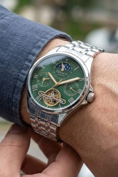 Ferrucci Lüks Erkek Otomatik Kol Saati | 42 mm Çelik Kordon, Yeşil Kadran