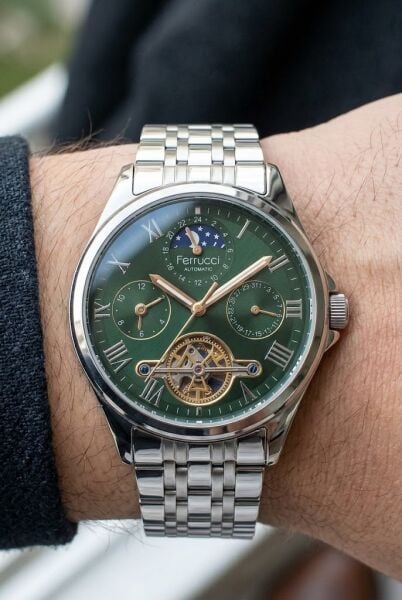 Ferrucci Lüks Erkek Otomatik Kol Saati | 42 mm Çelik Kordon, Yeşil Kadran