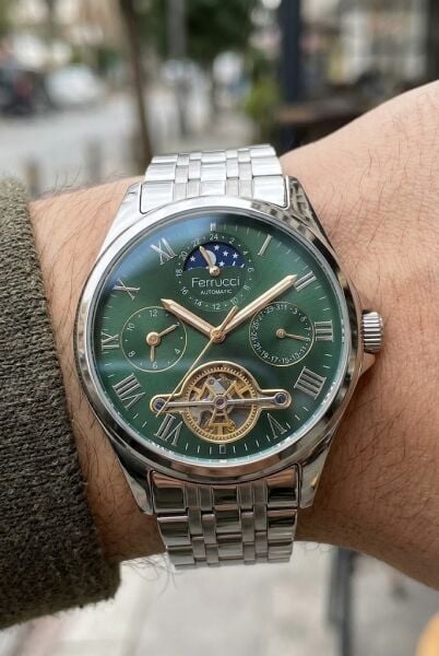 Ferrucci Lüks Erkek Otomatik Kol Saati | 42 mm Çelik Kordon, Yeşil Kadran