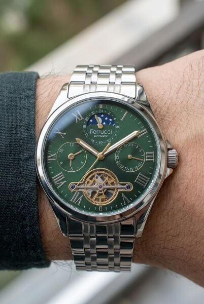 Ferrucci Lüks Erkek Otomatik Kol Saati | 42 mm Çelik Kordon, Yeşil Kadran