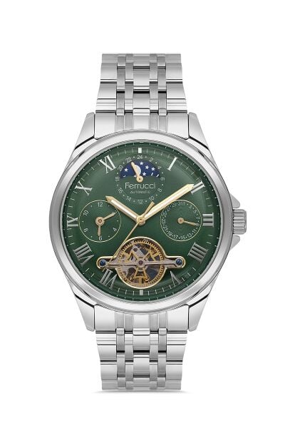 Ferrucci Lüks Erkek Otomatik Kol Saati | 42 mm Çelik Kordon, Yeşil Kadran