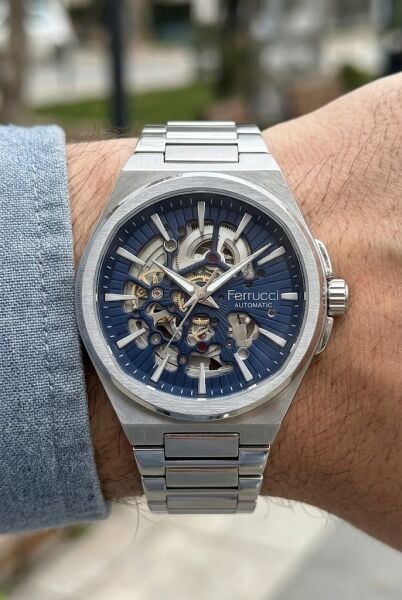 Ferrucci Modern Skeleton Erkek Otomatik Kol Saati | 39 mm Çelik Kasa, Lacivert Kadran