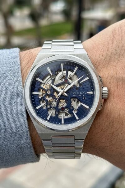 Ferrucci Modern Skeleton Erkek Otomatik Kol Saati | 39 mm Çelik Kasa, Lacivert Kadran