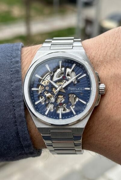 Ferrucci Modern Skeleton Erkek Otomatik Kol Saati | 39 mm Çelik Kasa, Lacivert Kadran