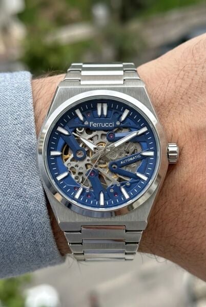 Ferrucci Modern Skeleton Erkek Otomatik Kol Saati | 40 mm Çelik Kordon, Lacivert Kadran