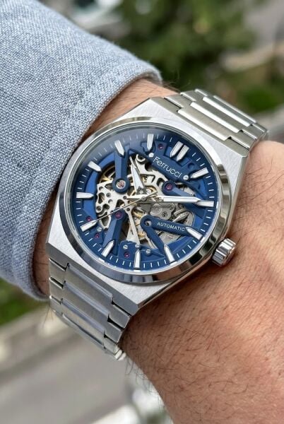 Ferrucci Modern Skeleton Erkek Otomatik Kol Saati | 40 mm Çelik Kordon, Lacivert Kadran