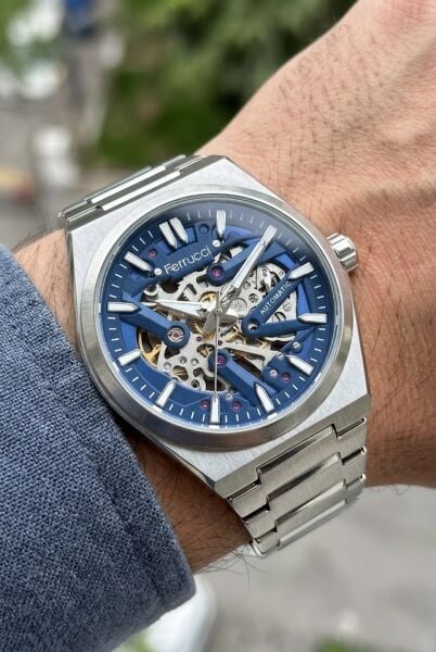 Ferrucci Modern Skeleton Erkek Otomatik Kol Saati | 40 mm Çelik Kordon, Lacivert Kadran