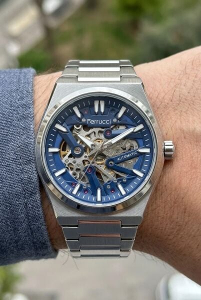 Ferrucci Modern Skeleton Erkek Otomatik Kol Saati | 40 mm Çelik Kordon, Lacivert Kadran