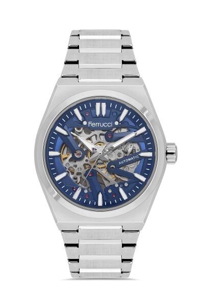 Ferrucci Modern Skeleton Erkek Otomatik Kol Saati | 40 mm Çelik Kordon, Lacivert Kadran
