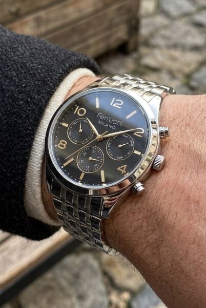Ferrucci Klasik ve Şık Erkek Kol Saati | 41 mm Çelik Kordon, Altın Detaylı Siyah Kadran