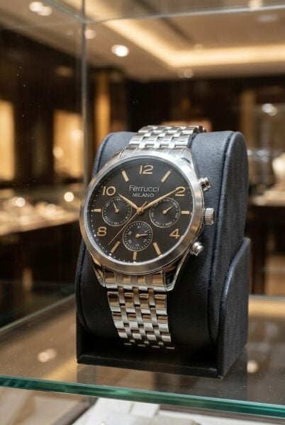 Ferrucci Klasik ve Şık Erkek Kol Saati | 41 mm Çelik Kordon, Altın Detaylı Siyah Kadran