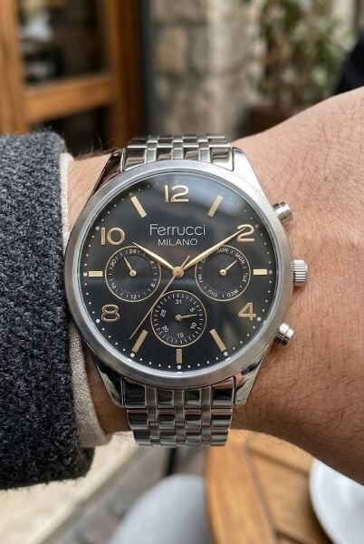 Ferrucci Klasik ve Şık Erkek Kol Saati | 41 mm Çelik Kordon, Altın Detaylı Siyah Kadran