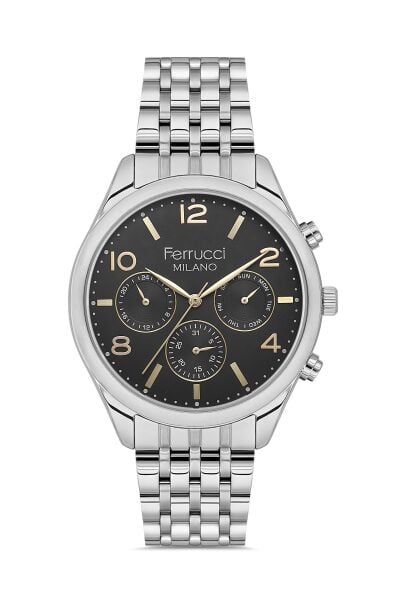Ferrucci Klasik ve Şık Erkek Kol Saati | 41 mm Çelik Kordon, Altın Detaylı Siyah Kadran