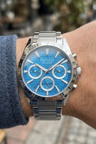 Ferrucci Sportif ve Modern Erkek Kol Saati | 40 mm Çelik Kordon, Mavi Kadran
